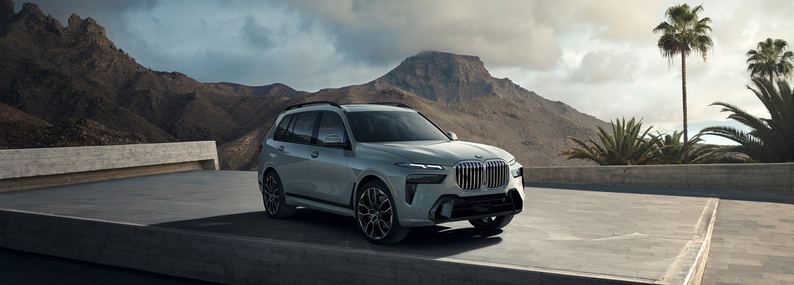 Gray BMW X7 parked with mountain and palm tree background | DARCARS BMW of Mt. Kisco in Mt. Kisco NY